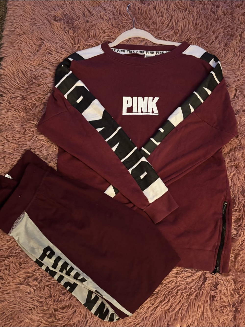 PINK Victoria's Secret Maroon Logo Set with Black & White Accent